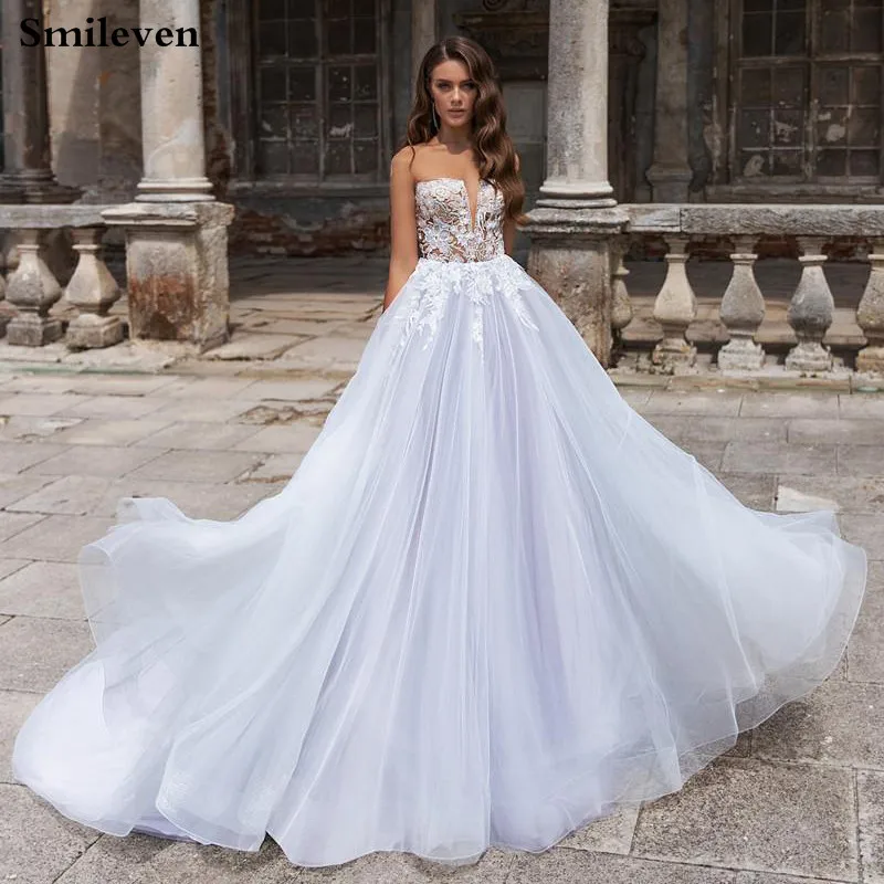 

Smileven Boho Shinny Wedding Dress 2020 A Line Princess Bride Dresses Appliqued Wedding Gowns Illusion Back Vestido De noiva