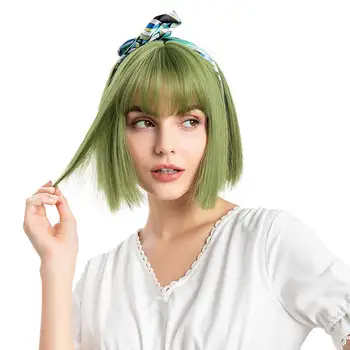 

JINKAILI Short Straight Hair Ladies Wig Green Black Bob With Bangs Heat Resistant Cosplay Costume Wigs For Women