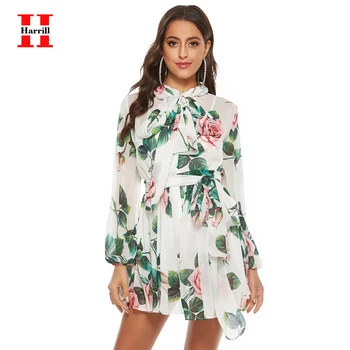 

Bow Neck Chic Dress Women Flower Print Chiffon A-line Dresses Korean Style Slim Lantern Sleeve Sashes Lacing Mini Dress Elegant