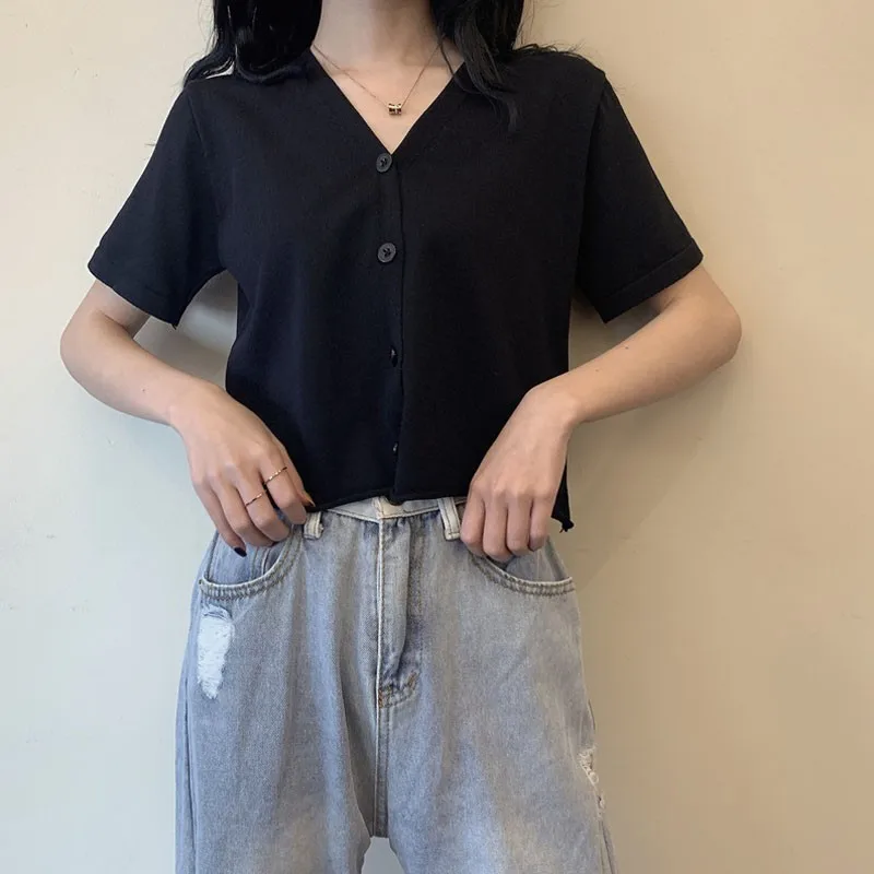 

Summer Sweet V-neck Solid Color Thin Ice Silk Knitted Short-sleeved Cardigan Short Top
