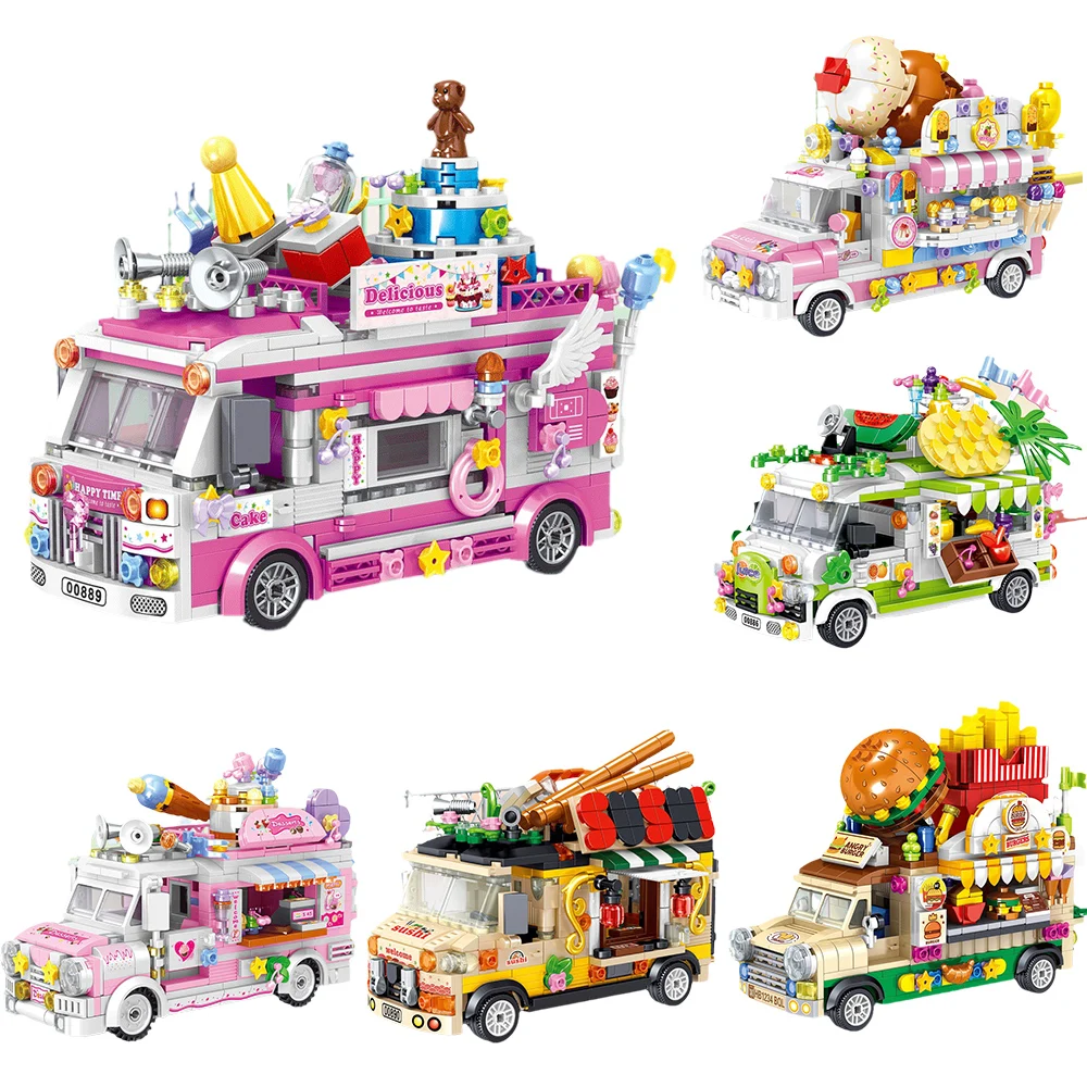 MIni Movable Food Trucks Fruit Dessert Ice Cream Cake Sushi Burger Cars Building Blocks Stitchin Toys Girl Birthday Gifts | Игрушки и