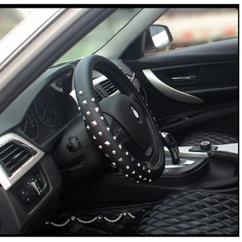 

Genuine leather Rivets Punk Retro style car accessories 38cm steering wheel cover pu leather for bmw e90 x3 e30 e87 etc.