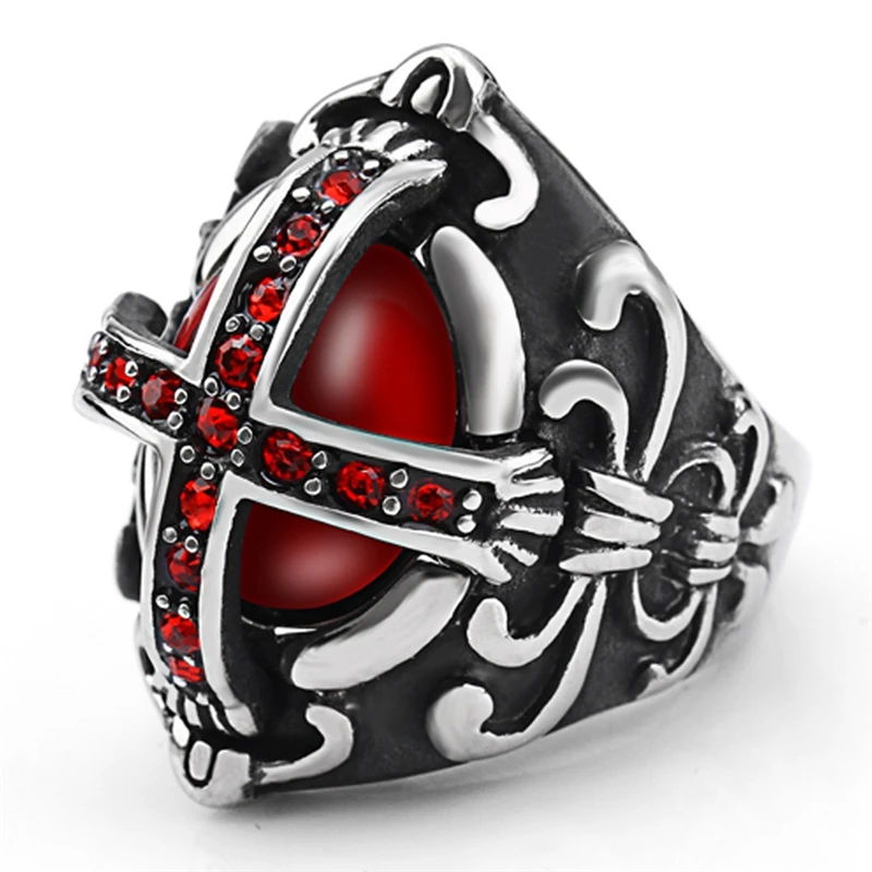 Men's Retro Stainless Steel Ring Vintage Knight Cross Finger Rings Jewelry Red CZ Fashion | Украшения и аксессуары