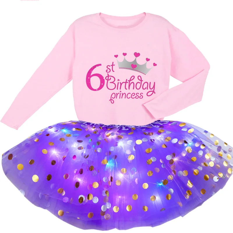 

Girls Birthday Customization Sequined Dress Princess Summer Sequins Dresses Girl 2Pc Light Dress+Long Sleeve T Shirt Party Skirt