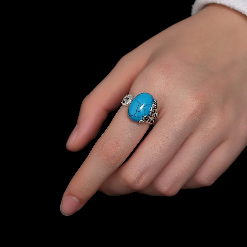 Серебряное кольцо, винтажное, с резьбой, цветы, серебро 990 пробы, натуральная бирюза, женское кольцо, подарок, вечерние, хорошее ювелирное изделие, подарок