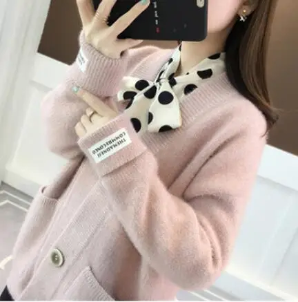 Korean Women Loose Cardigan Coat Double Pocket Design Sweater Jacket Cute Sweet Girl Casual Long Knitted Cardigan Pink Cape Top - Цвет: Розовый