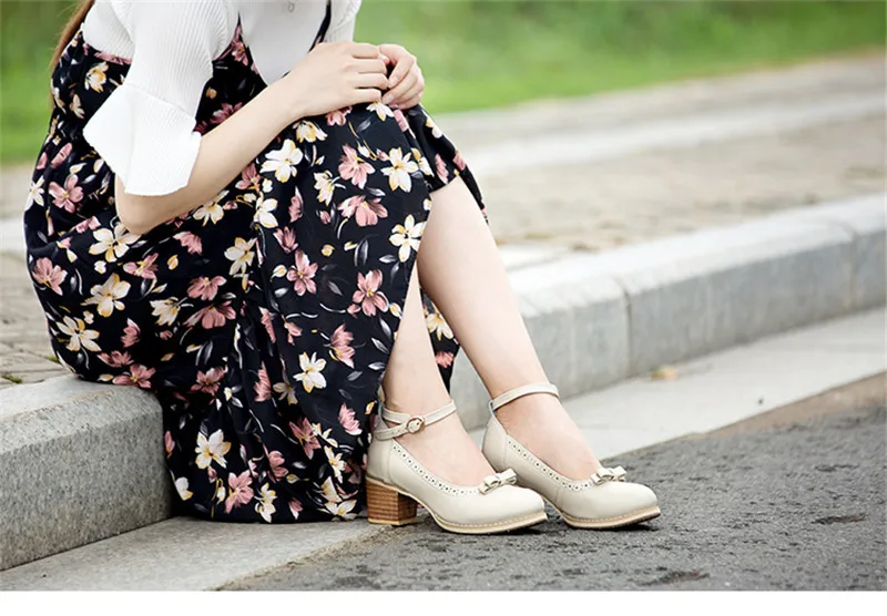 Japanese Buckle Strap Bow Women Oxford High Thick Heels Lolita Shoes British Genuine Leather Single Brogues Shoes Woman Size 43 (12)