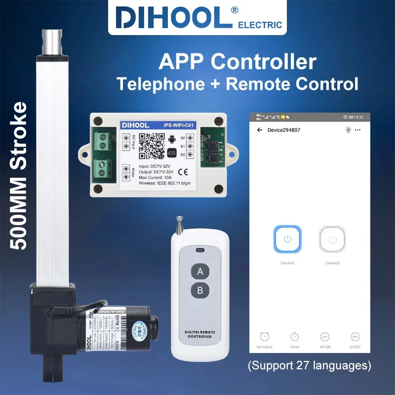 Atuador Linear 1500n do Curso de 500 mm 20inch 330lb Dc12v 24v Conjunto do Atuador Linear com Controle Simultâneo do Controlador de Wifi