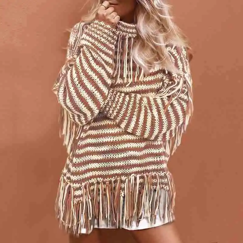 

Boho Inspired KNIT SWEATER fringes hem turtleneck casual sweaters pullovers striped chic boho sweaters 2019 autumn winter jumper