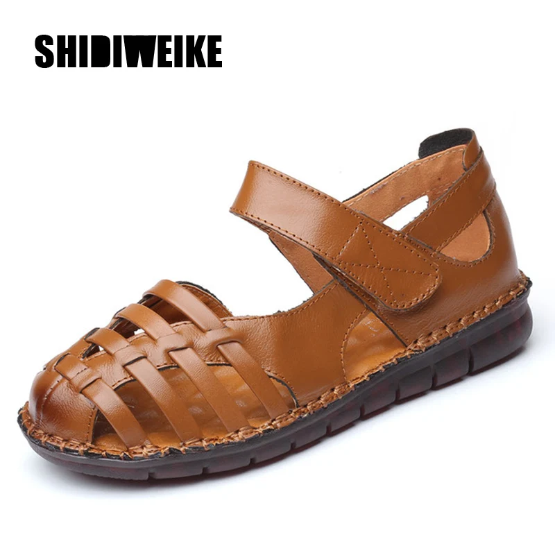 

2020 Summer Genuine Leather Sandals Women Cover Toe Hollow Out Breathable Soft Flat Roman Casual Sandals Woman R147