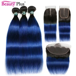Blue Bundles With Closure Ombre Straight 3 Bundles With Lace Frontal Ear To Ear Dark Black Roots Remy Brazilian Human Hair Pack