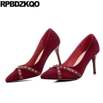 

pumps high heels slip on wine red stiletto luxury shoes women designers fashion scarpin suede pointed toe metal stud rivet 8cm