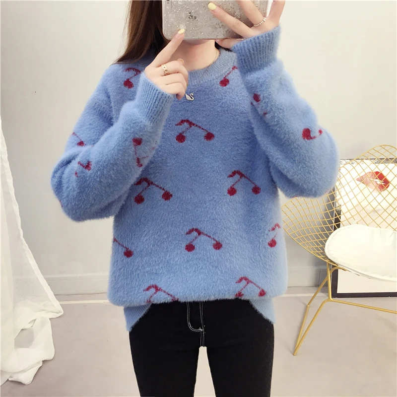 

Popular Korea Loose Thick All Match O-Neck Knitted Sweater Pullover Autumn Knitwear Sueter Mujer Long Sleeve Women New 2019