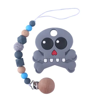 

Hot Sale Pacifier Clip Chain Feeding Leash and Skull Soft Silicone Teether 2pcs/set
