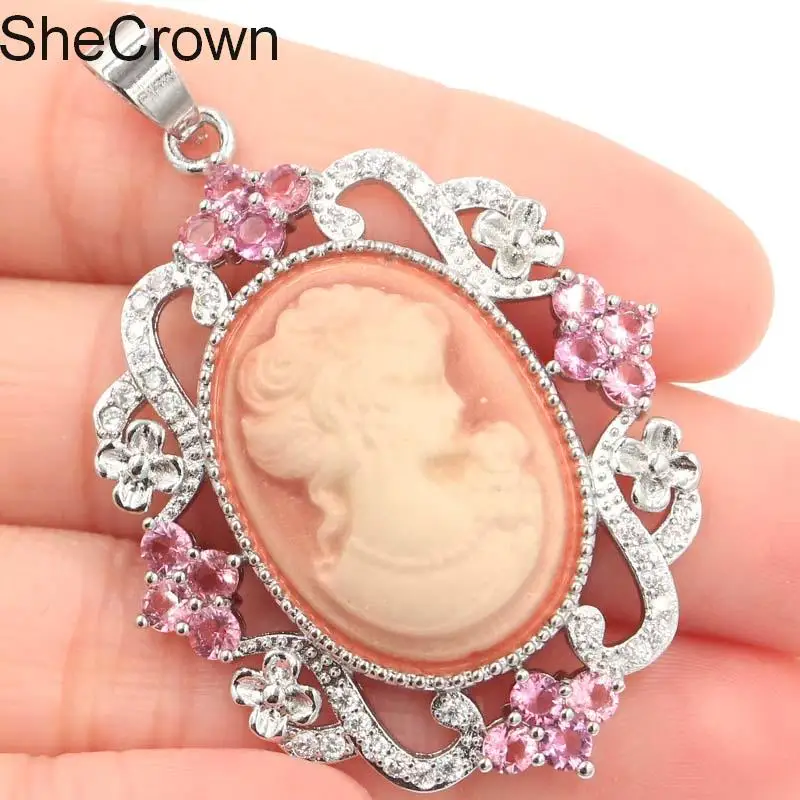 

Charming Long Cameo Onyx White Lady Pink Kunzite CZ Gift Silver Pendant 50x33mm