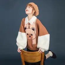 

Autumn Winter Women Hoodies Loose Patchwork Cartoon Print Sweet Kawaii Sweet Plus velvet female pullover sudadera mujer invierno
