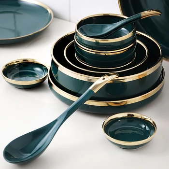 

Creative Personality Ceramics Dining Plate Bowl Seasoning Dish Soup Spoon Set Dark Green West-food Dessert Plates Noodle Bowl