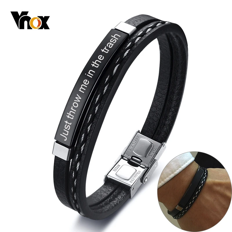 

Vnox Just Throw Me in the Trash Bracelets for Men Women Personalize Stainless Steel Tag Layered Genuine Leather Bangle Fashion