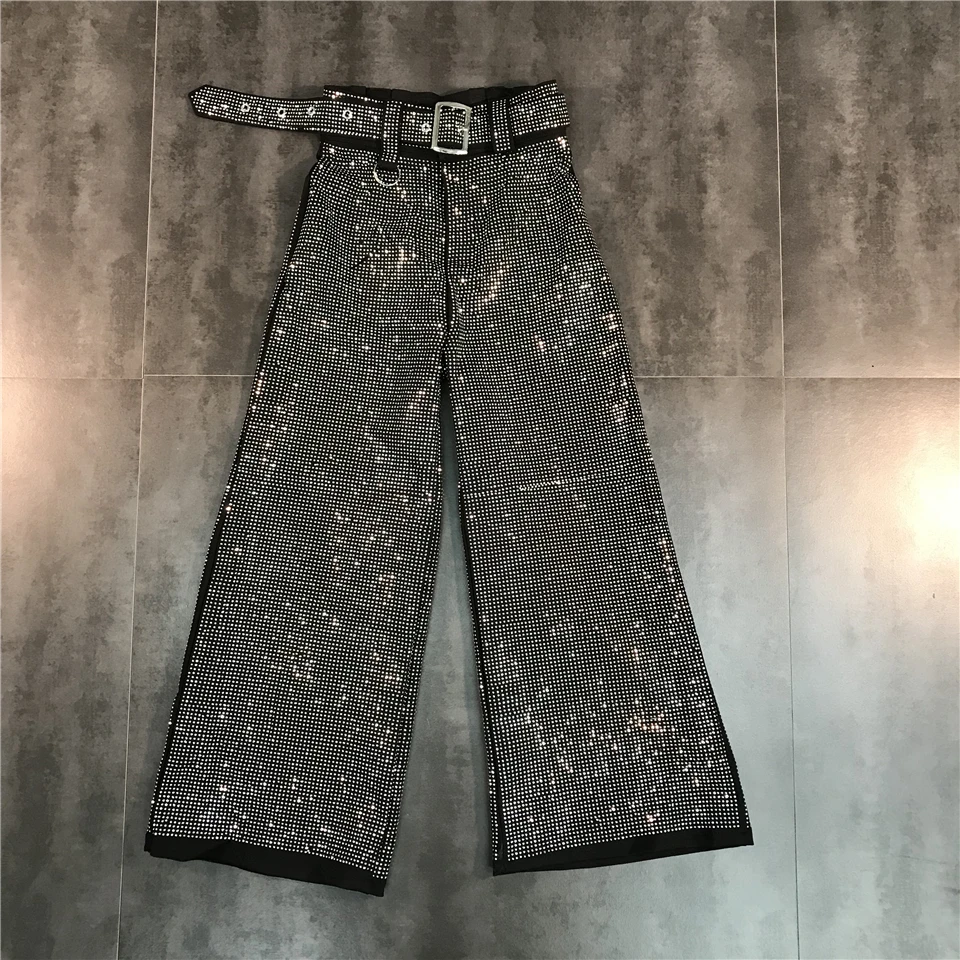 

2019 autumn new heavy full leg hot drilling bright crystal trend belt wide-leg pants casual pants female singer stage costume