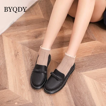 

BYQDY PU Leather Shoes Woman Soft Boat Shoes For Women Flats Shoes Over Size 41-43 Ladies Loafers Non-Slip Sturdy Sole Bow Shoe