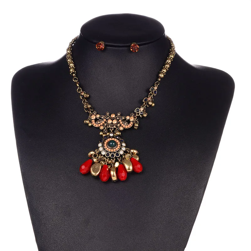 Shineland Bohemian Fashion Ethnic Collares Vintage Beads Crystal Tassel Pendant Necklace Earrings For Women Jewelry Set Cheap - Metal color: gold red color