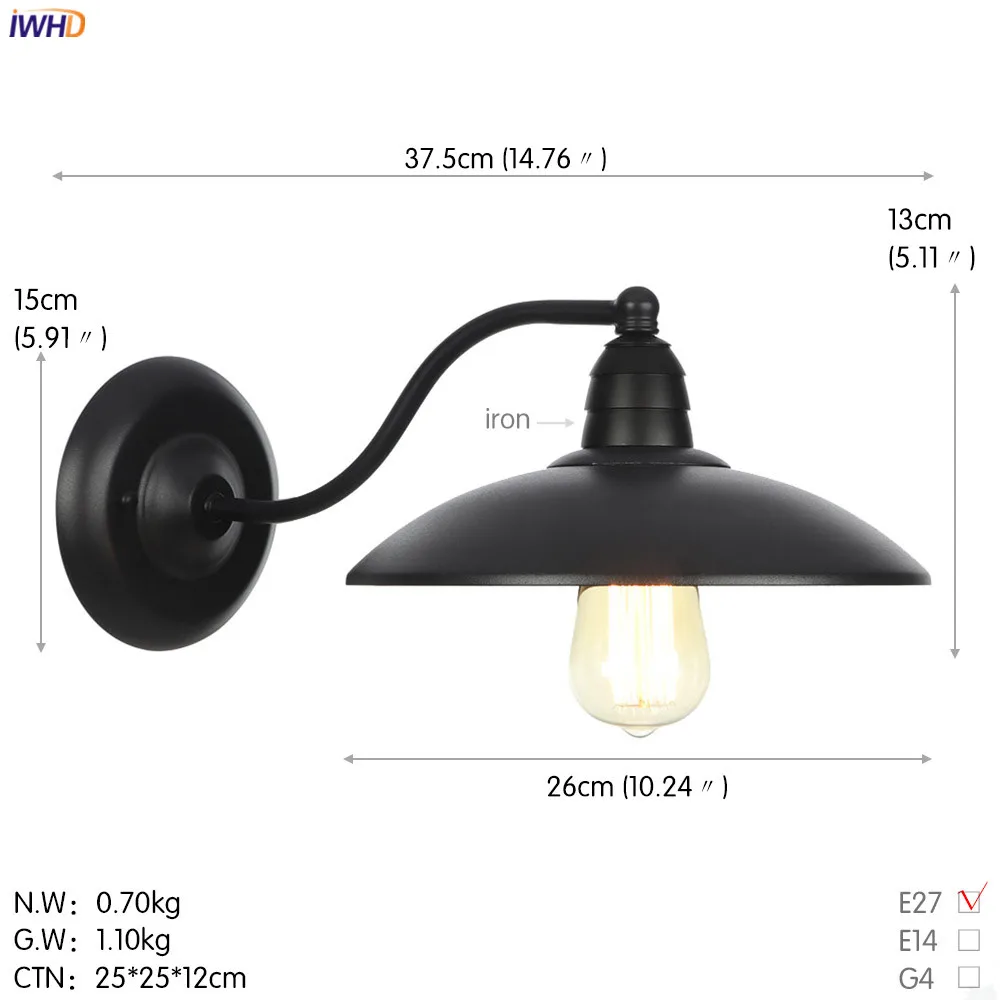 IWHD American Country Retro LED Wall Lights For Home Lighting Black Metal Bathroom Mirror Stair Light Glass Vintage Wall Lamp