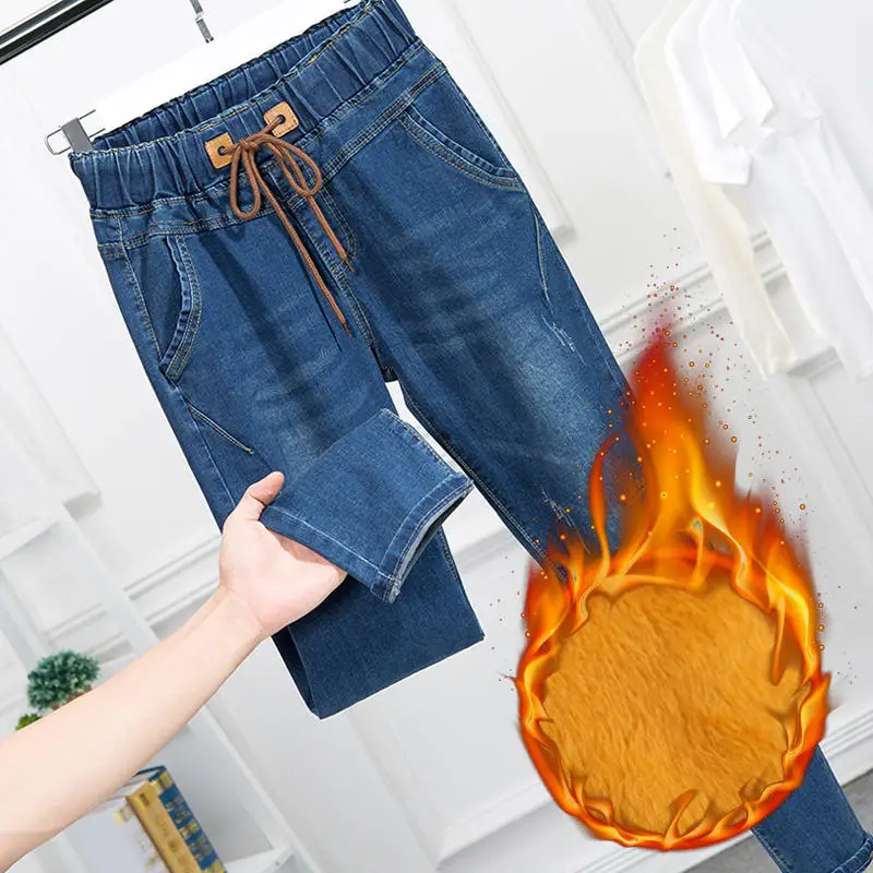 Dark blue jeans 5XL плюс размер плюс бархатные джинсы женские сезон осень-зима, джинсовая штаны-шаровары свободные Джинсы бойфренда для женщин с высокой талией штаны для мам Q1944 - Цвет: Dark blue jeans