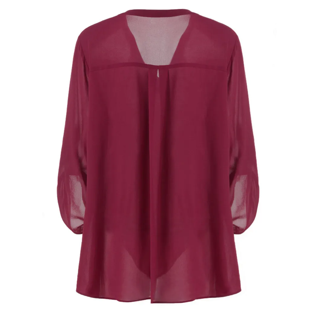 Maternity Solid Color Folded Sleeve Chiffon V-neck Blouse Women Pleated Long Sleeves Loose Chiffon Shirt for Women Tops 5XL