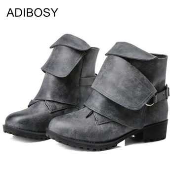 

Women Martin Boots Leather Buckle Ladies Ankle Shoes Booties Fashion Winter Autumn Non Slip Square Platform Women Short Boots