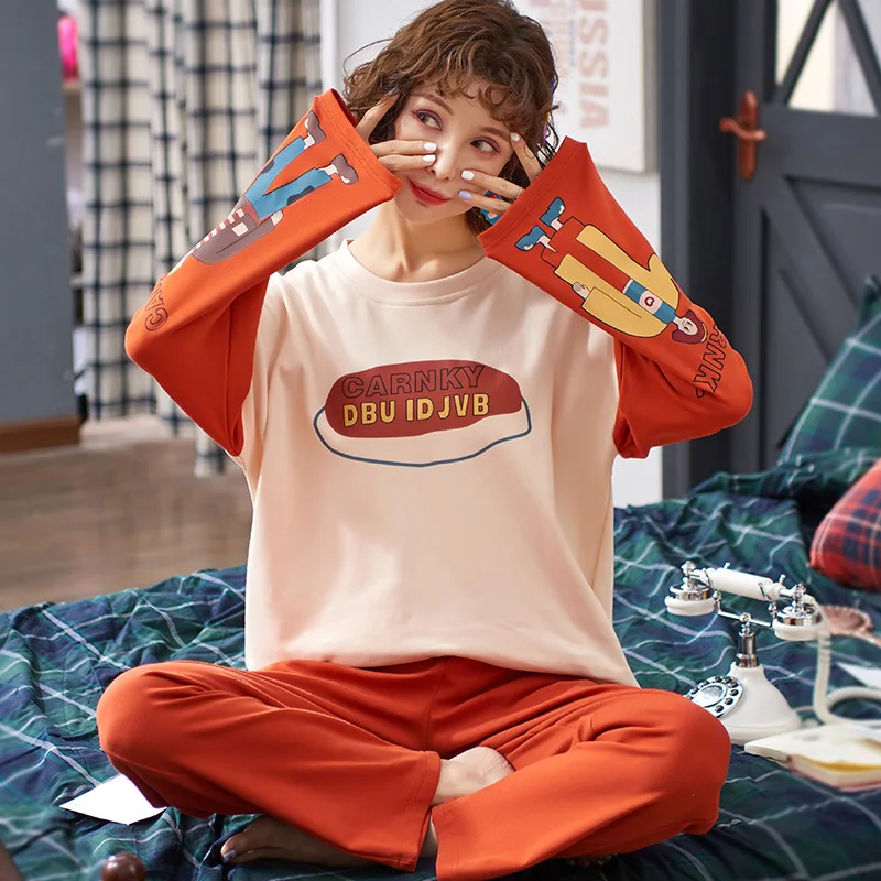 

2019 Stylish Simplicity Pyjama Set Ladies Sleepwear Cute Cartoon Printed Long-sleeved Cotton Comfort Leisure Wear Household Wear