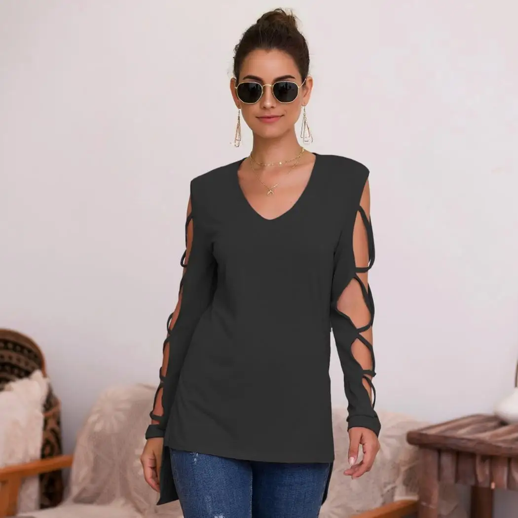 Women Casual V-Neck Long Sleeve Solid Pullover Spring Hollow Asymmetry Hem T-Shirt Top Regular |