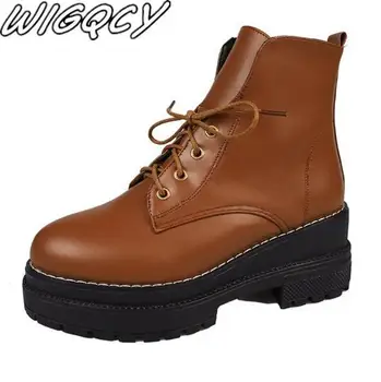 

2019 Winter New Women Boots Female British Wind Muffin Women's Boots Korean Round Head Lace-up Plus Velvet Warm Women's Boots