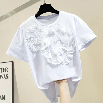 

Summer White Tshirt Woman Stereo Pleated Flower Design Elegant Pure Cotton Short-sleeved T-shirt Ladies Elegant Crew Neck Tops