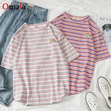 Студенческая футболка, Корейская одежда, женские kawaii радужные полосатые футболки harajuku, графические футболки для женщин ulzzang, повседневный топ с круглым вырезом