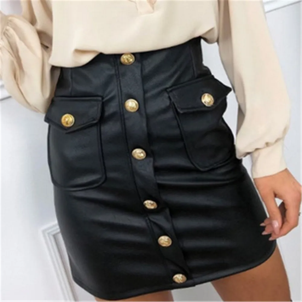 

2020 New Female Midi Package Hip Leather Skirt Women S Sexy Solid Color A Line Button High Waisted Outfits Bottom Vintage Black