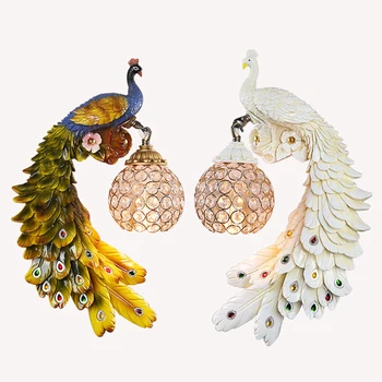 

Modern Peacock Wall Lights Creative Colorful Gold White Peacock LED lamp Crystal Wall Light For Dining Room Corridor home decora
