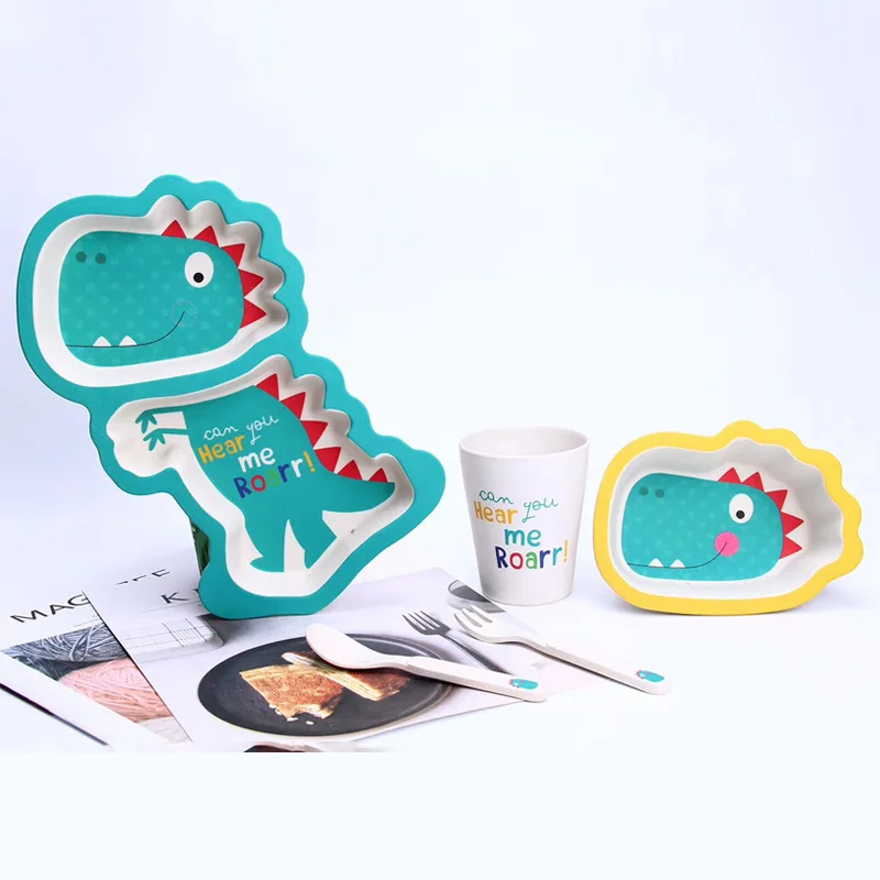 

Bamboo Fiber Children's Dinosaur Tableware Cartoon Baby Plate Solid Food Bowl Spoon Grid Plate Set
