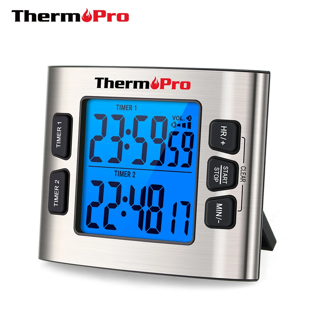 ThermoPro TM02 Digital Kitchen Timer Large Dispaly Backlight Dual Cooking Countdown/upTimer Student Household With Date & Clock |