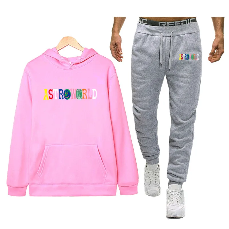Pink Комплект спортивной мужской одежды ASTROWORLD, осень, новые спортивные комплекты с капюшоном, спортивные костюмы из двух частей, мужские толстовки с капюшоном+ штаны, 2 предмета - Цвет: Pink