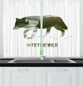 

Multicolor Wolf Kitchen Curtains Wild Typography with Wolf Silhouette Survival Camping Hunting Print for Kitchen Cafe Decor