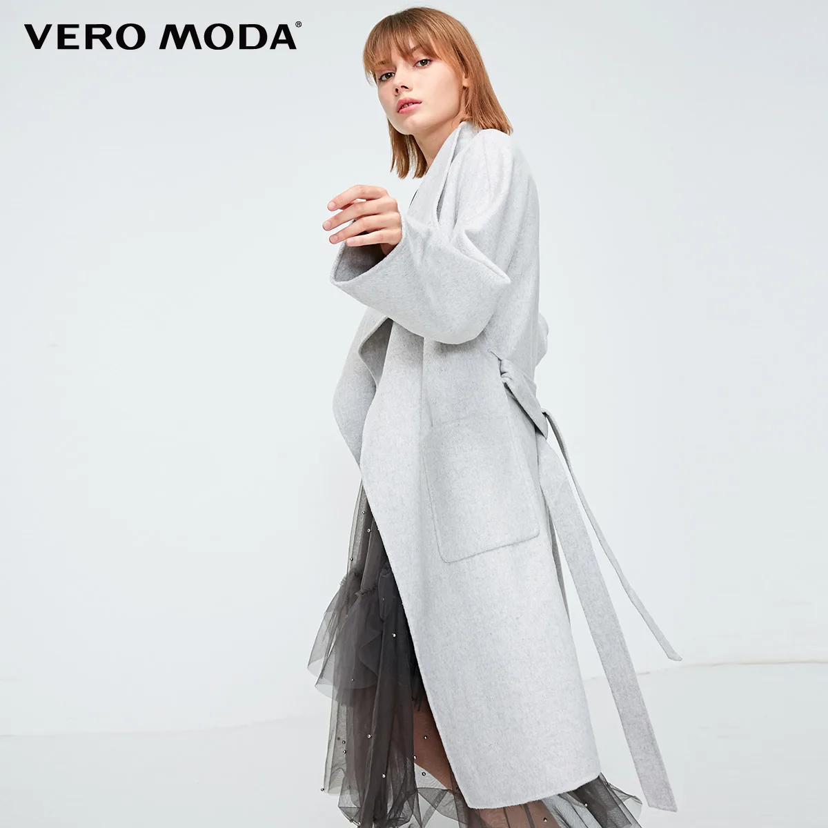 Vero Moda зимнее лацкан воротник поясом длинное шерстяное пальто Верхняя одежда куртка | 318327541 - Цвет: Lt. grey mel.