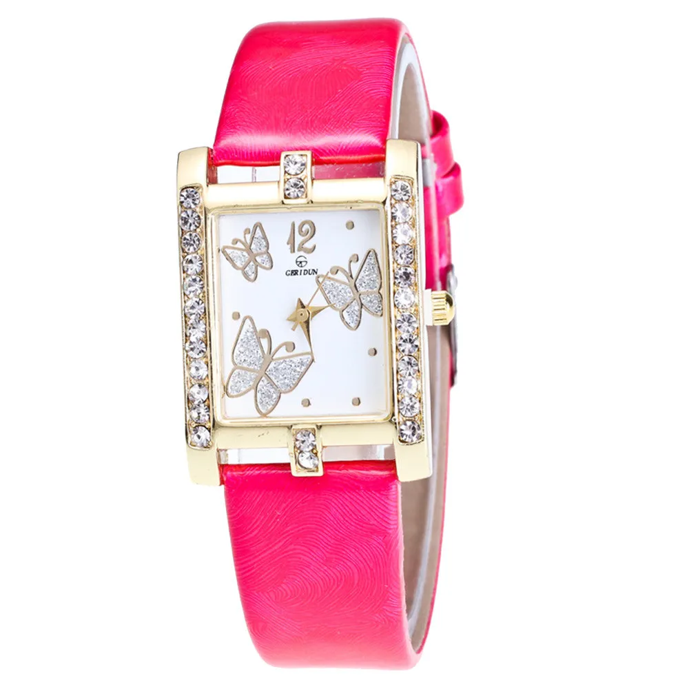 Роскошные женские часы ярких цветов квадратный циферблат с бабочкой кварцевые наручные часы с кожаным ремешком женские часы reloj mujer# D
