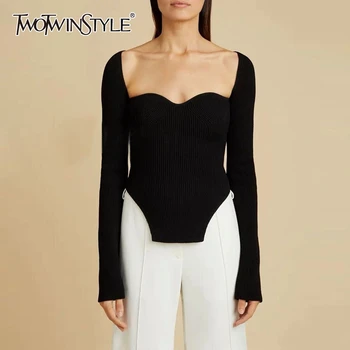 

TWOTWINSTYLE Elegant Side Split Knitted Women's Sweater Square Collar Long Sleeve Sexy Sweaters Female Fashion New 2020 Clothing