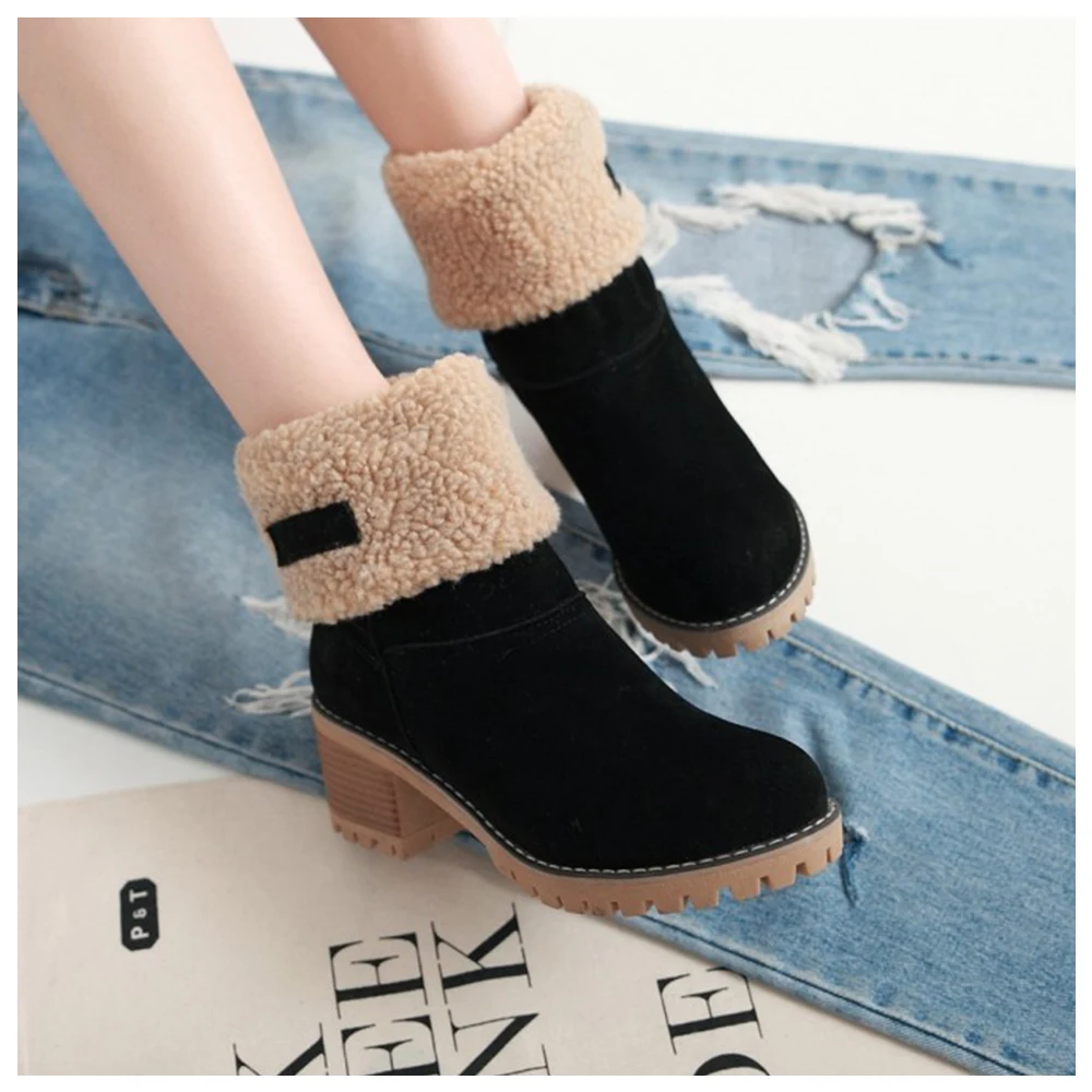 women cute warm short boots suede chunky mid heel round toe winter snow ankle booties