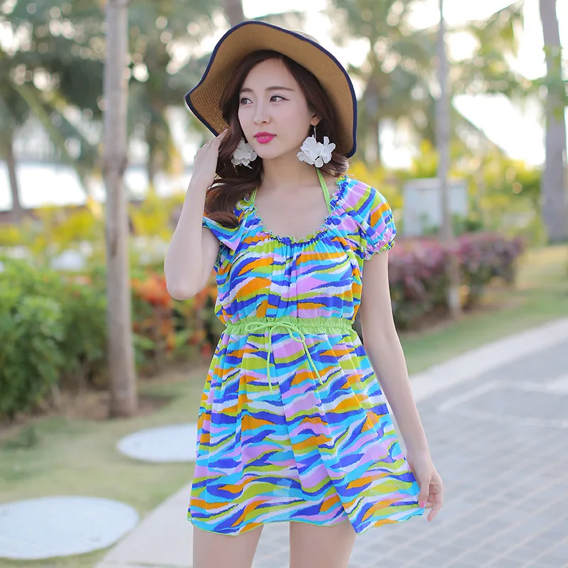 

Bathing Suit Women's Small Bust Gathering Sexy Bikini Bathing Suit Printed Boxer Conservative off-Shoulder Split Type Swimwear T