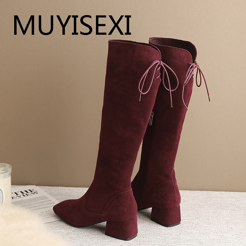 

4.5cm Thick Heels Boots Keep Warm Equestrian Zipper Knee-High Boots Cow Suede Genuine Leather Black brown Red LDI08 MUYISEXI