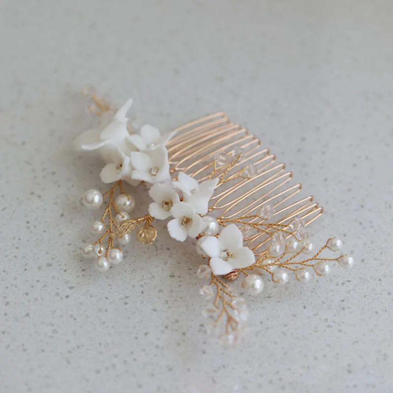 Floralbride Handmade Wired Alloy Ceram Flower Pearl Bridal Hair Comb Wedding Headdress Hair AccessoriesBridesmaids Women Jewelry