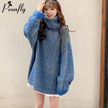 

PEONFLY Fashion 2020 Autumn Winter Sweater Women Oversize Warm Turtleneck Thick Loose Knitted Pullover Jumper Female Knitwear