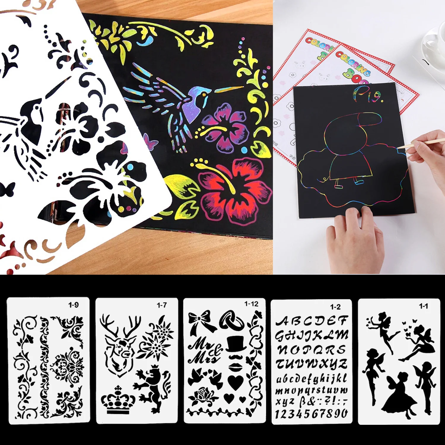 

30pcs Rainbow Scratch Art Cards Magic Painting Paper Colorful Drawing Toy+5pcs Hollow Template+3pcs Bamboo Pen for Kid DIY Craft