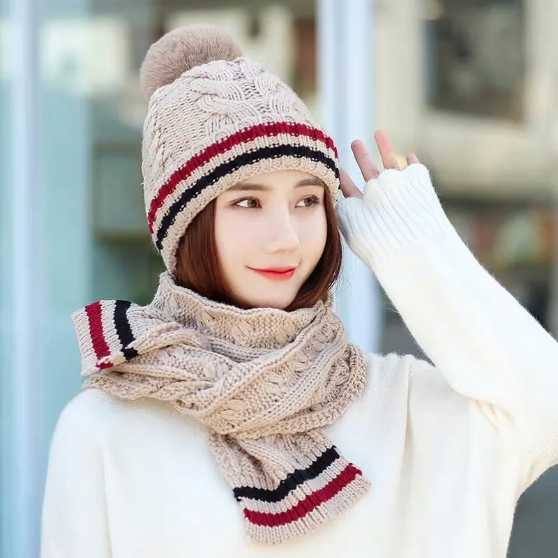 Winter Hats For Women Wool Knitted Hat Scarf Two Pieces Set Fashion Girl Pom Poms Ball Beanie Caps Female Ski Hat
